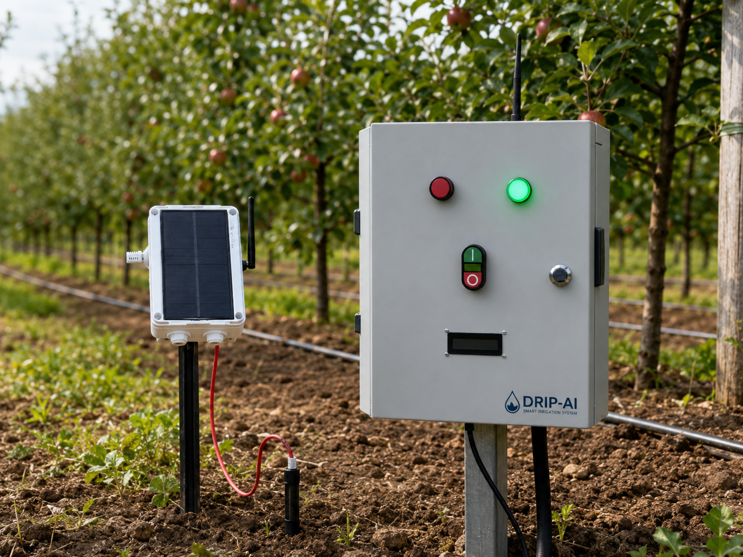 Drip-AI dala qurilmasi — quyoshli sensor va boshqaruv shkafi